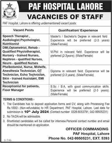 Latest PAF Hospital Jobs in Lahore July 2024 Advertisement