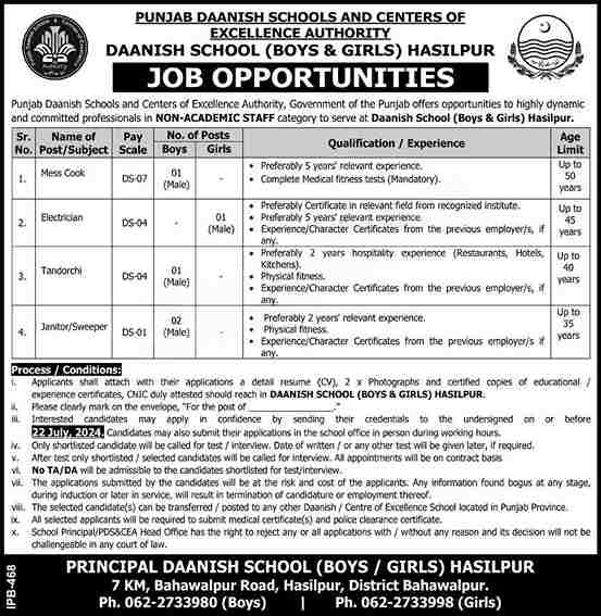 New Punjab Danish School Jobs in Bahawalpur July 2024 Advertisement