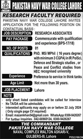 Latest Pakistan Navy War College Lahore Jobs 2024-Apply Online